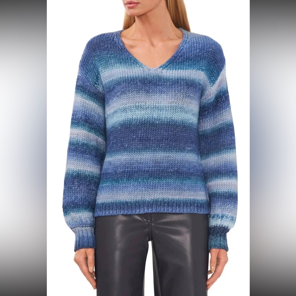Halogen Knit Sweater Womens Small Striped Blue V Neck Long Sleeve Pullover Relax